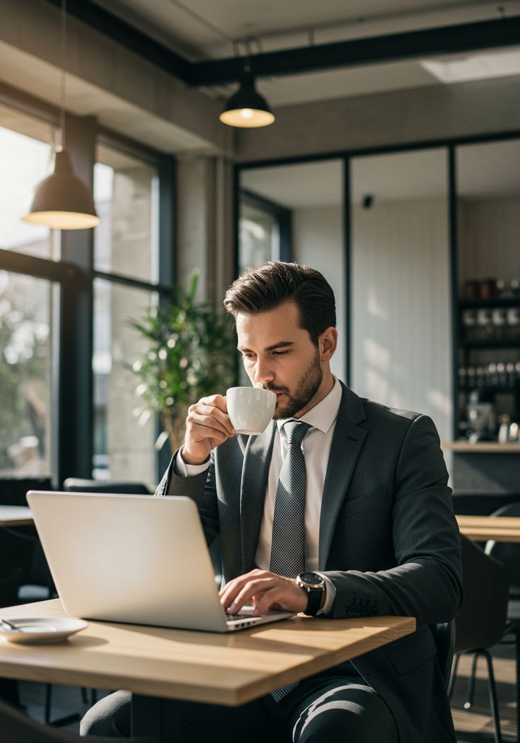 Home handsome entrepreneur in a café modern work aesthetic